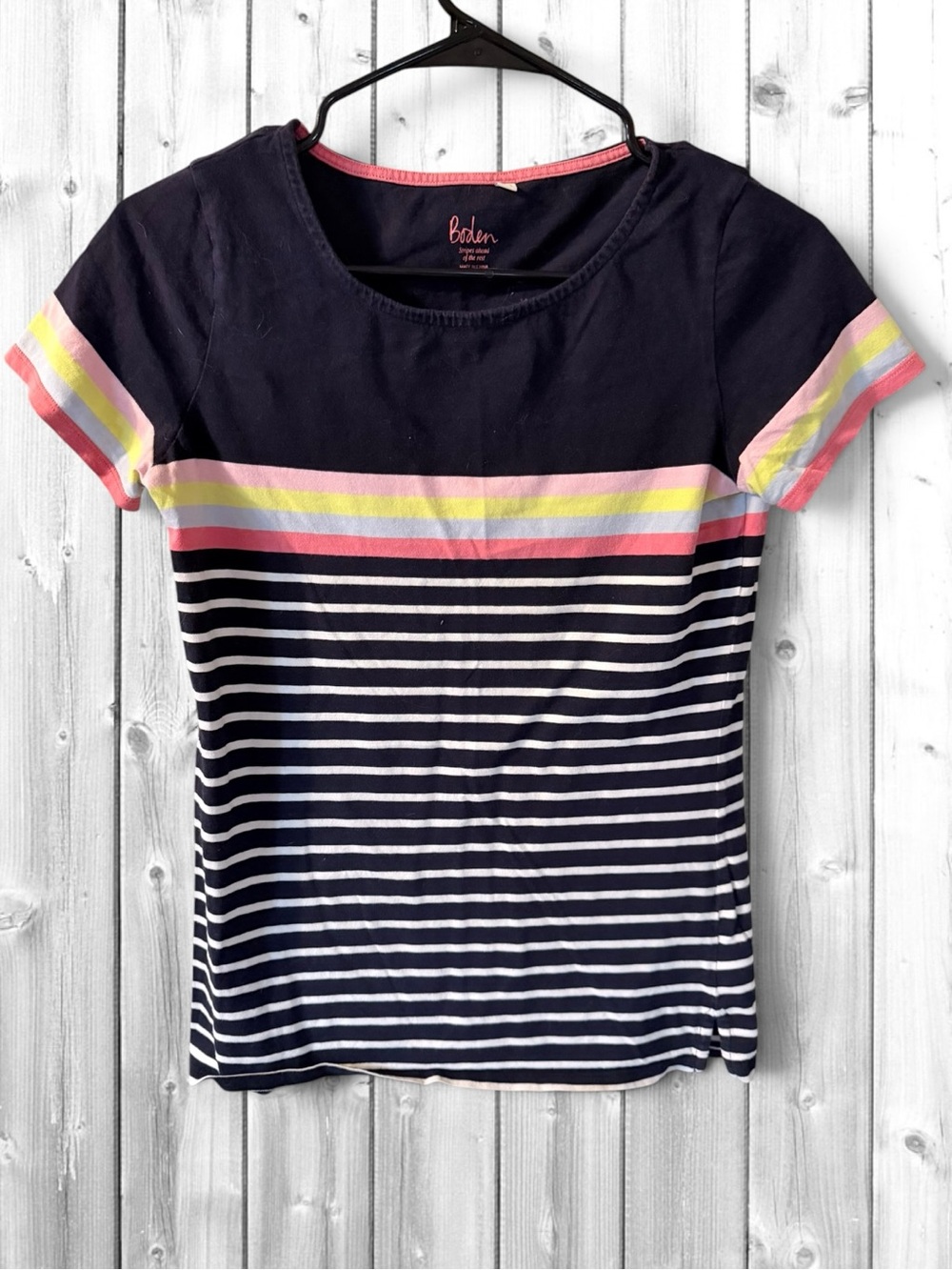🌼Boden Navy Striped Short Sleeve Tee with Pastel Stripe Accents